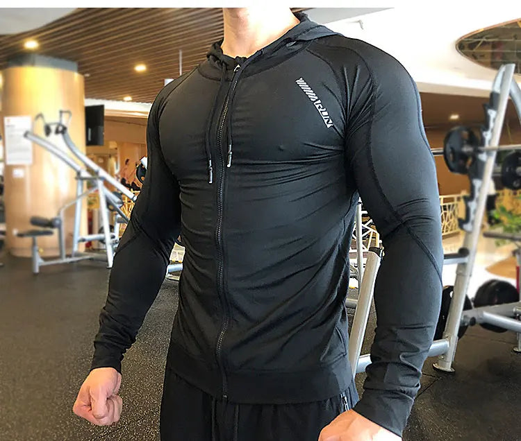 Men Compression Elastic Hoodies Gym Sport Running Training Fitness Sportswear Bodybuilding Sweatshirt Hooded Jacket Male Jackets