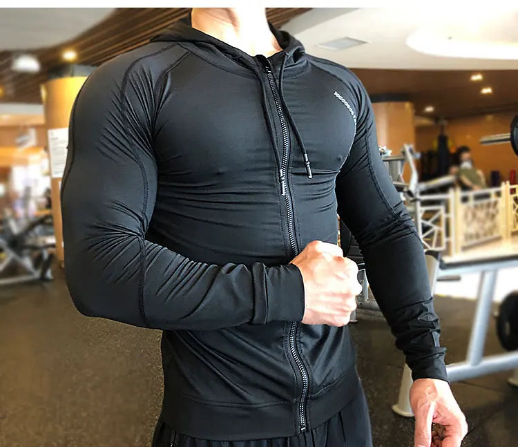 Men Compression Elastic Hoodies Gym Sport Running Training Fitness Sportswear Bodybuilding Sweatshirt Hooded Jacket Male Jackets