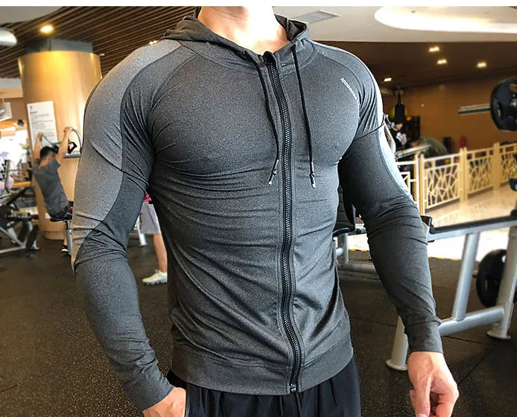 Men Compression Elastic Hoodies Gym Sport Running Training Fitness Sportswear Bodybuilding Sweatshirt Hooded Jacket Male Jackets