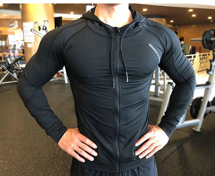 Men Compression Elastic Hoodies Gym Sport Running Training Fitness Sportswear Bodybuilding Sweatshirt Hooded Jacket Male Jackets