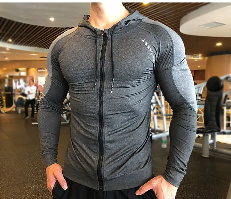 Men Compression Elastic Hoodies Gym Sport Running Training Fitness Sportswear Bodybuilding Sweatshirt Hooded Jacket Male Jackets