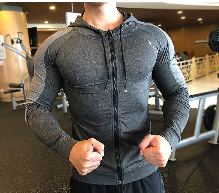 Men Compression Elastic Hoodies Gym Sport Running Training Fitness Sportswear Bodybuilding Sweatshirt Hooded Jacket Male Jackets