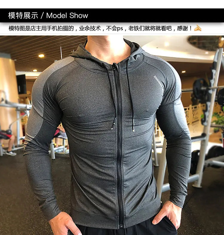 Men Compression Elastic Hoodies Gym Sport Running Training Fitness Sportswear Bodybuilding Sweatshirt Hooded Jacket Male Jackets