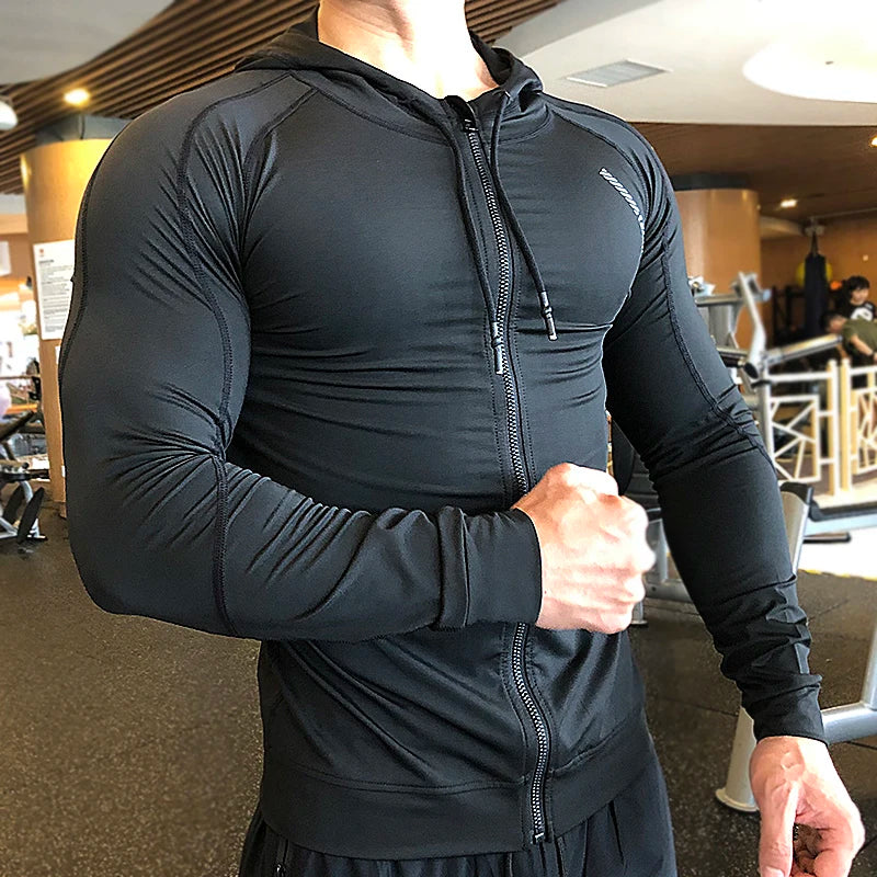 Men Compression Elastic Hoodies Gym Sport Running Training Fitness Sportswear Bodybuilding Sweatshirt Hooded Jacket Male Jackets