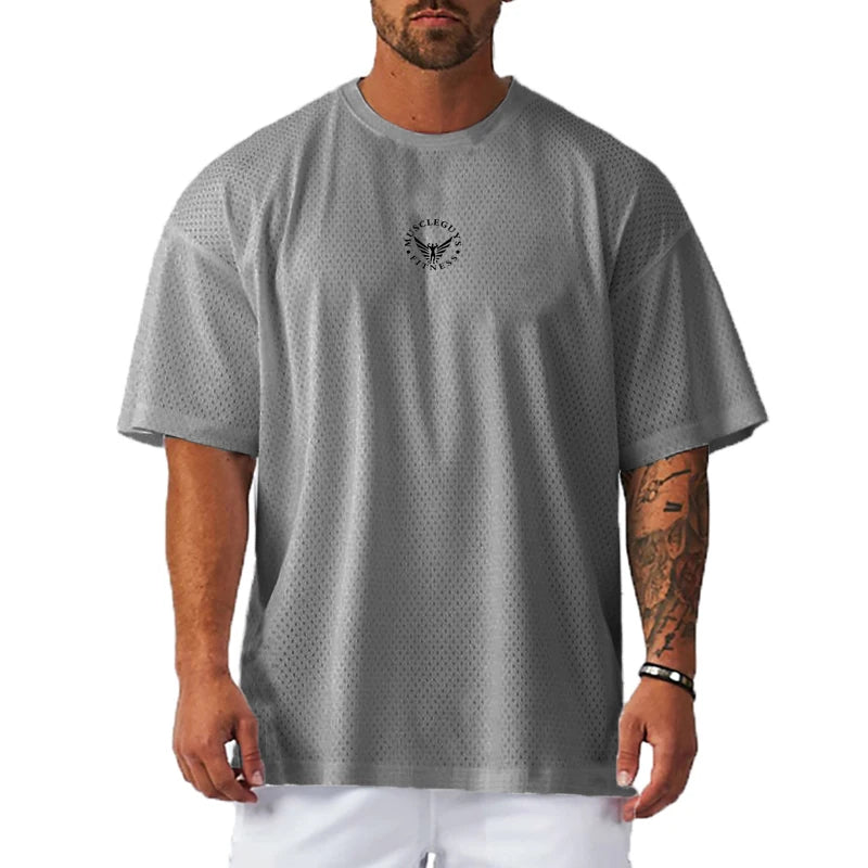 Oversized Loose Fashion Casual Hip Hop Shirt Mesh Quick Dry Men's T-Shirt Gym Sports Fitness Running Training Short Sleeves Tees