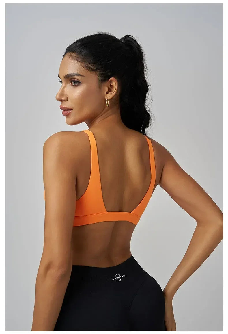 SUSISTAR Origin Minimal Sports Bra  Open Back V Neck Bra Workout Gym Crop Top Padded Gym Bra