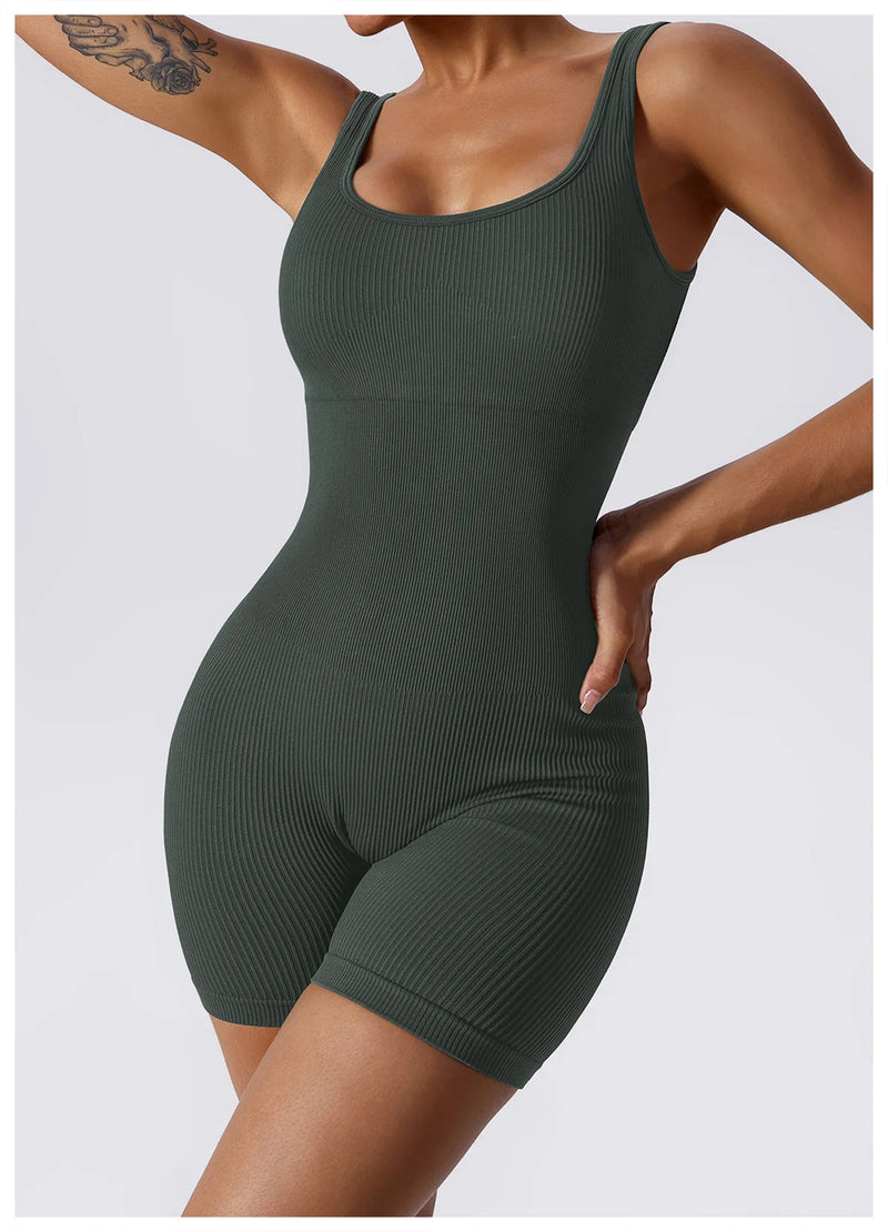 Women's Yoga Rompers One Piece Tummy Control Seamless Ribbed Jumpsuit Padded Sports Bra Romper Fashion Fitness Sportwear