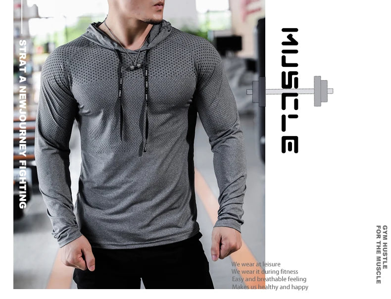 Mens Fitness Tracksuit Running Sport Hoodie Gym Joggers Hooded Outdoor Workout Athletic Clothing Muscle Training Sweatshirt Tops