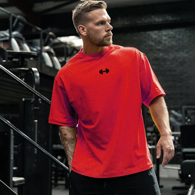 Mesh Oversized Half Sleeve Running Shirt Mens Fitness T Shirt Quick Dry Loose Sportswear Gym Clothing Loose Bodybuilding T-shirt