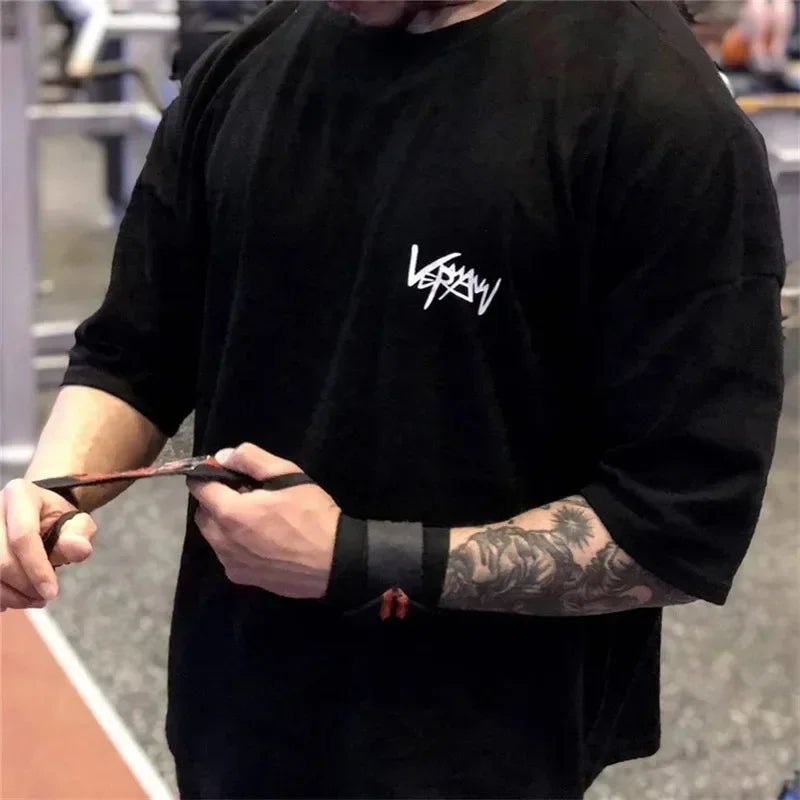 NEW Round Collar sports T Shirt Oversize Cotton Summer Tee Training running shirt Man Streetwear Half Sleeve men T-shirt