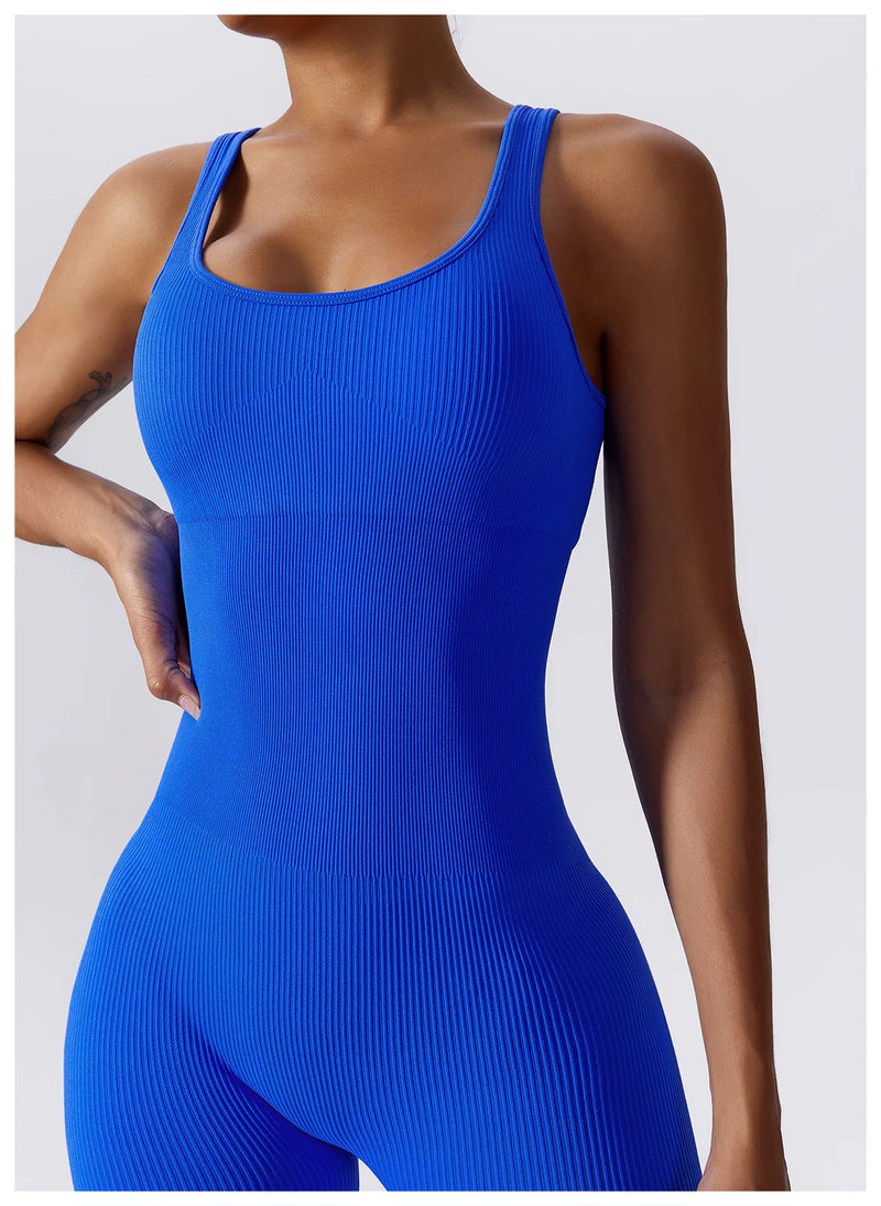 Women's Yoga Rompers One Piece Tummy Control Seamless Ribbed Jumpsuit Padded Sports Bra Romper Fashion Fitness Sportwear