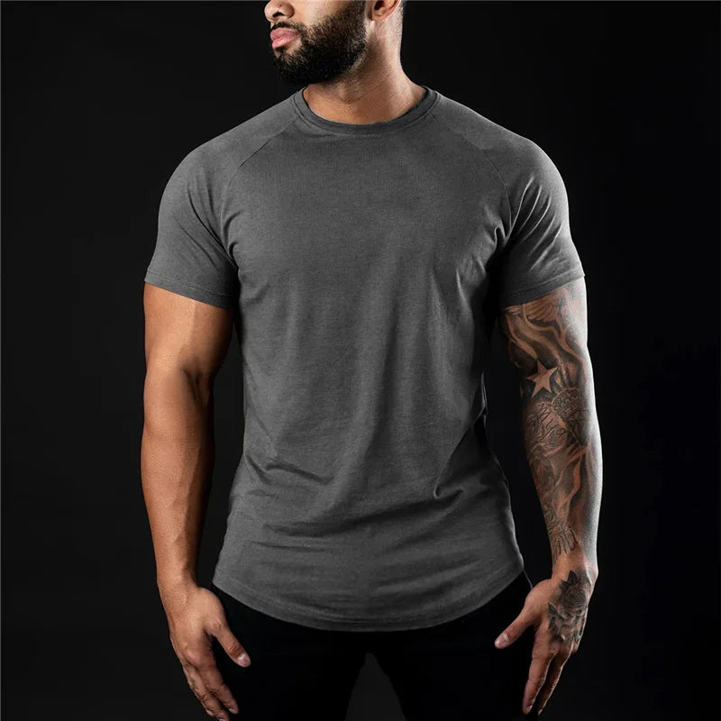 Plain Gym T-shirt Men Summer Fitness Clothing O-Neck Short Sleeve T shirt Cotton Slim Fit Tshirt Bodybuilding Workout Tees Tops