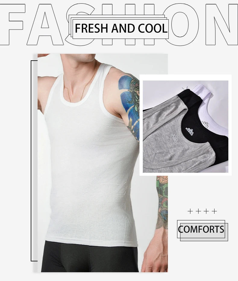 3pcs Men's Tank Top Cotton Tank Undershirts Breathable Solid Vest Underwear Wear Summer Sleeveless Tank A-Shirt Exercise Fitness