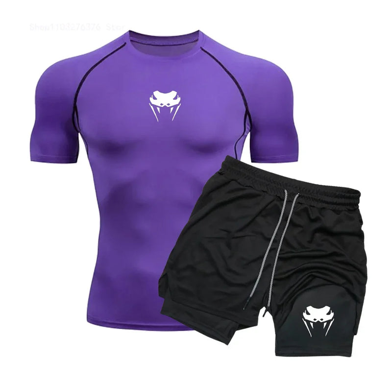 Men's Compression Clothing Sports Fitness Quick-drying Clothing Tight Short-sleeved Anime Double-layer Shorts Summer Suit S-3XL