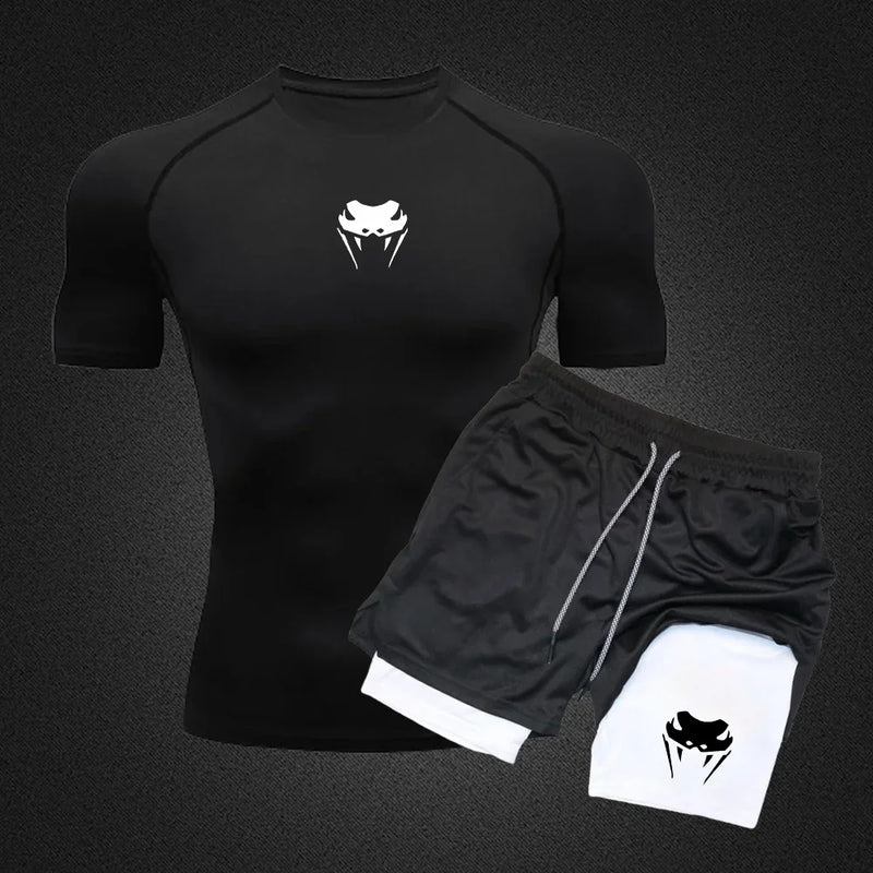 Men's Compression Clothing Sports Fitness Quick-drying Clothing Tight Short-sleeved Anime Double-layer Shorts Summer Suit S-3XL