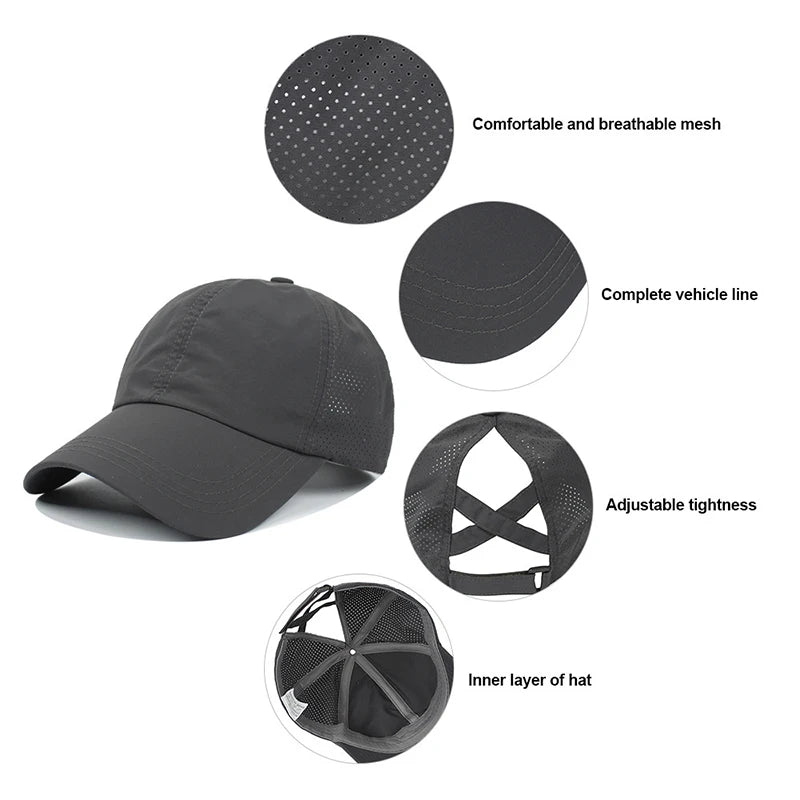 Summer Solid Color Baseball Caps Golf Wear Women Sport Leisure Cross Ponytail Hat Mesh Quick-Drying Half-Hollow Men's Peaked Cap