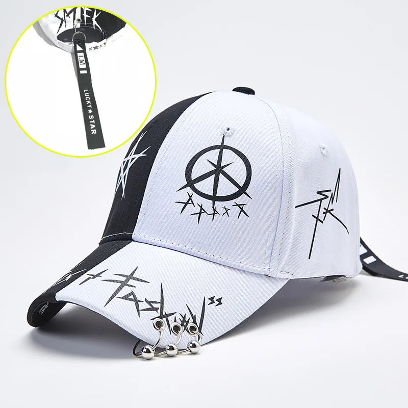 Women Baseball Cap Black White Graffiti with Ring Circle Snapback Hats for Men Women Unisex Dad Hat Adjustable Korean Style Caps