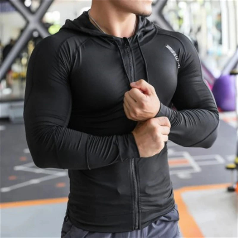 Men Compression Elastic Hoodies Gym Sport Running Training Fitness Sportswear Bodybuilding Sweatshirt Hooded Jacket Male Jackets