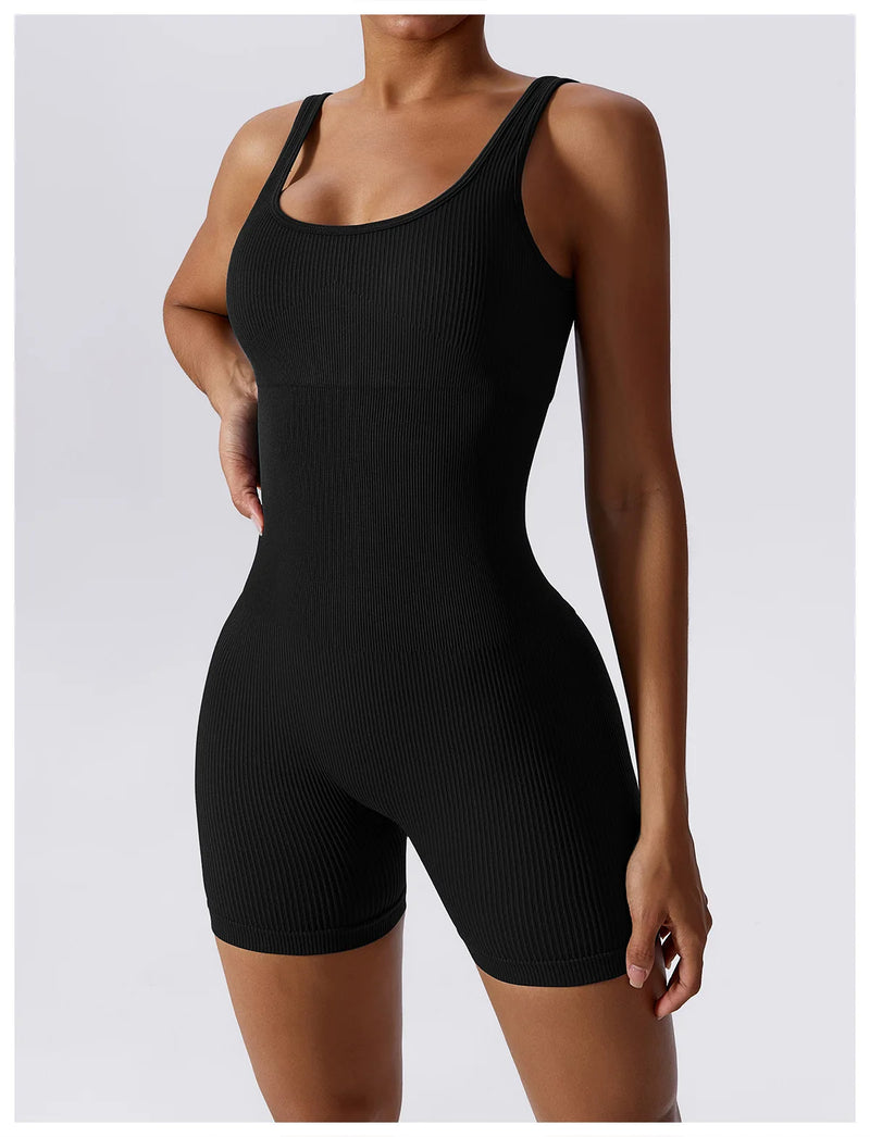 Women's Yoga Rompers One Piece Tummy Control Seamless Ribbed Jumpsuit Padded Sports Bra Romper Fashion Fitness Sportwear