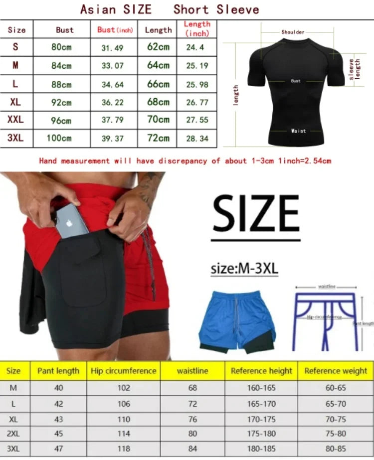 Men's Compression Clothing Sports Fitness Quick-drying Clothing Tight Short-sleeved Anime Double-layer Shorts Summer Suit S-3XL