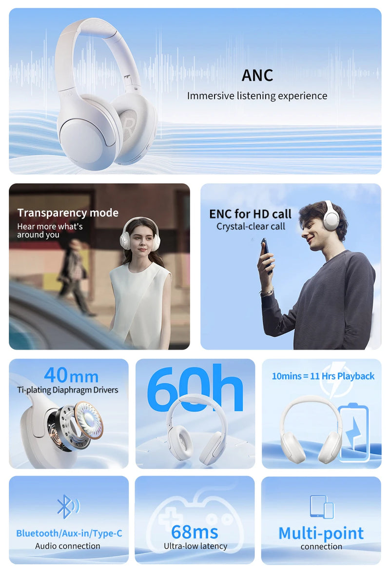 QCY H3 Lite ANC Wireless Headphones Bluetooth 5.3 Active Noise Cancelling Over Ear Headset 40mm Driver HiFi Sound Earphones