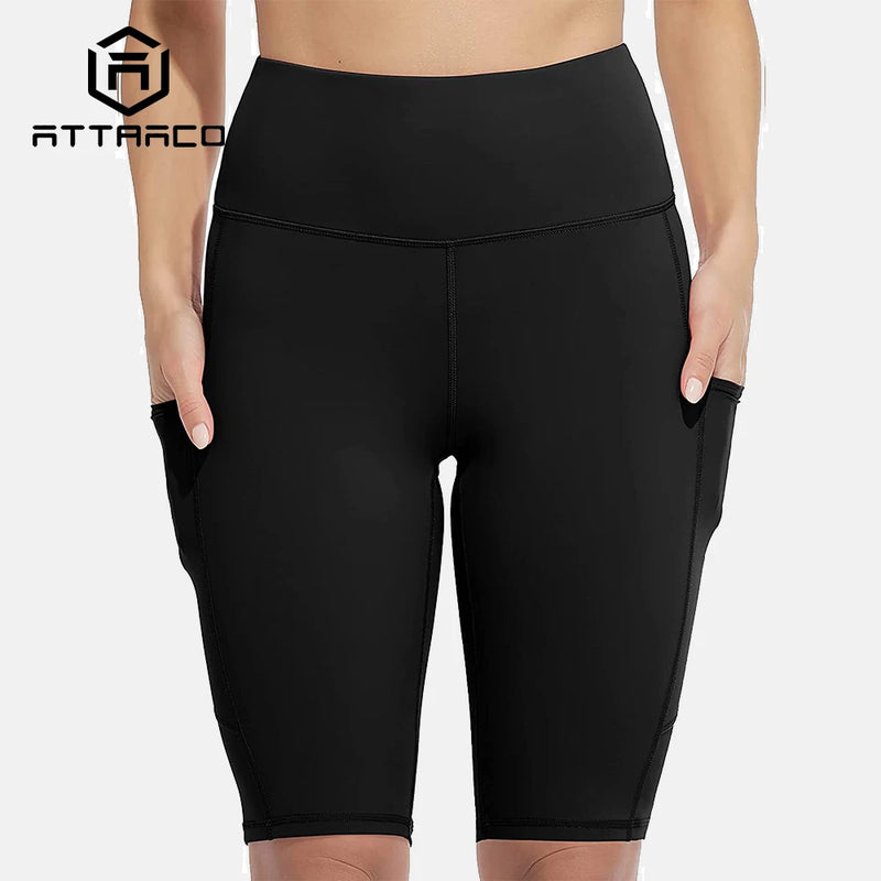 Attraco Women Yoga Shorts Jogging Running Solid/Camouflage Pattern Fifth-Pants High-Waist Soft With Pockets Sporty Shorts