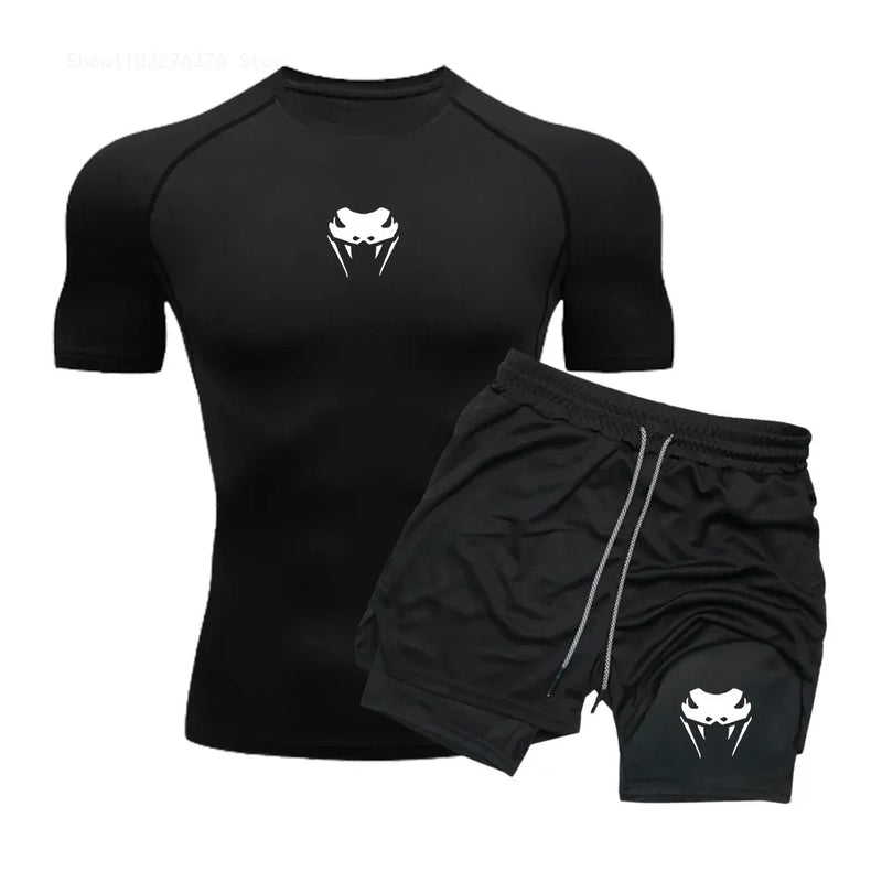 Men's Compression Clothing Sports Fitness Quick-drying Clothing Tight Short-sleeved Anime Double-layer Shorts Summer Suit S-3XL