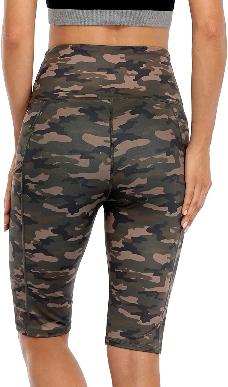 Attraco Women Yoga Shorts Jogging Running Solid/Camouflage Pattern Fifth-Pants High-Waist Soft With Pockets Sporty Shorts