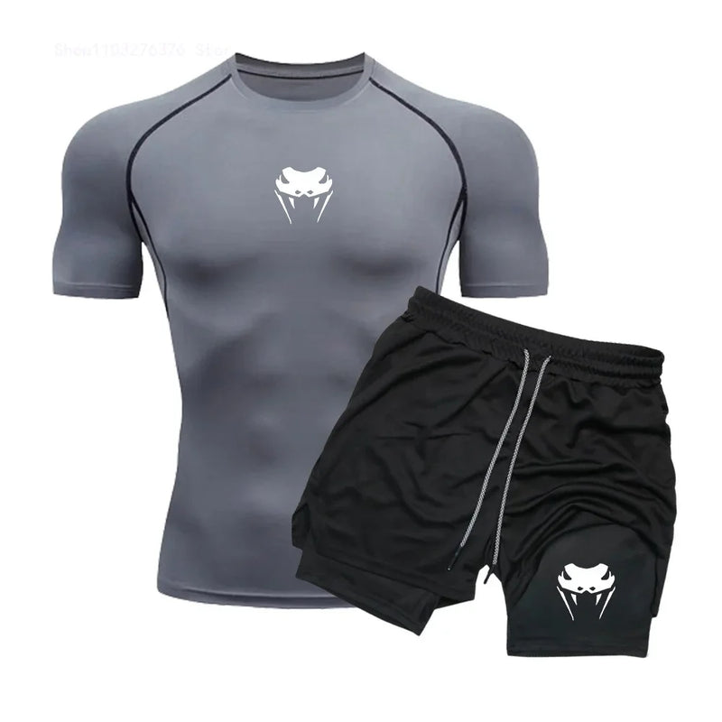 Men's Compression Clothing Sports Fitness Quick-drying Clothing Tight Short-sleeved Anime Double-layer Shorts Summer Suit S-3XL